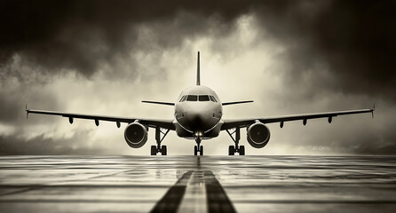 Black and white photograph of an airplane on the runway, frontal view. Black and white photo with copy space. Airbus A320 plane on the airport apron.