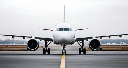 Black and white photograph of an airplane on the runway, frontal view. Black and white photo with copy space. Airbus A320 plane on the airport apron.