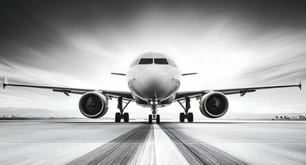 Black and white photograph of an airplane on the runway, frontal view. Black and white photo with copy space. Airbus A320 plane on the airport apron.