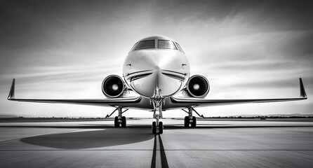 Black and white photograph of an airplane on the runway, with focus on its engines and front nose in high resolution.