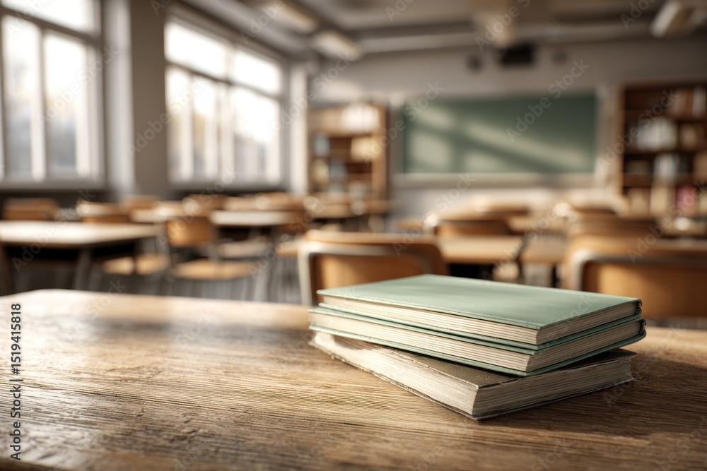 Poster quiet school classroom features stacked books on a wooden desk with rows of empty chairs and large w