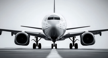 Black and white photograph of an airplane on the runway, with focus on its engines and front nose in high resolution. 