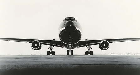 Black and white photograph of an airplane on the runway, with focus on its engines and front nose in high resolution. 