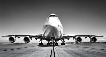 Black and white photograph of an airplane on the runway, with focus on its engines and front nose in high resolution. 
