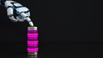 Roboterhand berührt eine Batterie. 3D illustration.