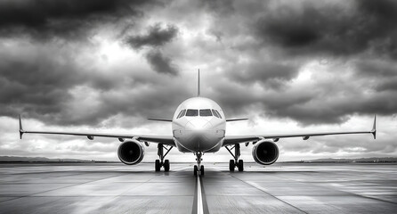 Black and white photograph of an airplane on the runway, frontal view. Black and white photo with copy space. Airbus A320 plane on the airport apron.