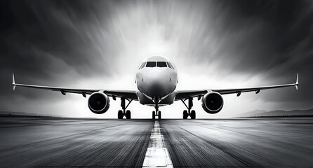 Black and white photograph of an airplane on the runway, frontal view. Black and white photo with copy space. Airbus A320 plane on the airport apron.