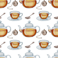 Watercolor teapots, cups of tea, tea strainer, and spoons on white background. Hand-drawn seamless pattern. Perfect for kitchen textiles, packaging, tea branding, and cozy drink designs.