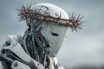 A humanoid robot wearing a barbed wire crown, symbolizing the crown of thorns of Christ. The image reflects the collision of advanced technology with spiritual and religious themes
