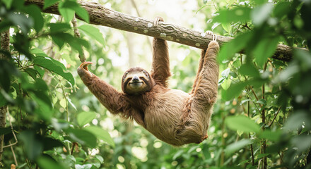 Three-toed sloth hanging on tree branch in tropical rainforest – wildlife photo for nature campaigns and eco content