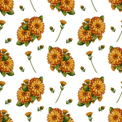 Seamless pattern with calendula flowers, green leaves, and flower buds. Hand-drawn botanical illustration. Watercolor painting on Perfect for textile, packaging, and natural product design.
