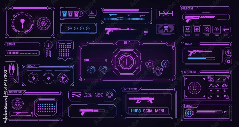 Aufkleber futuristic hud interface design elements with purple and blue ui | vector set of scifi cockpit scree
