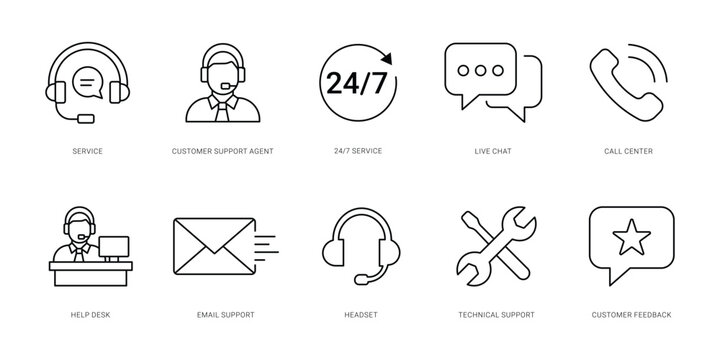 Customer service web icon set in line style. editable stroke ,  Support, help, online, feedback, assistance, collection. stock Vector 
