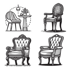 Set of 4 Chair Silhouettes – Outline Style Vector Isolated on White Background