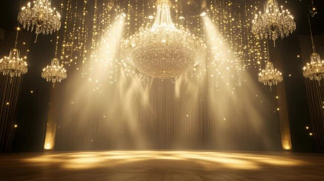 Luxurious Ballroom with Sparkling Chandeliers and Golden Lighting for Elegant Events