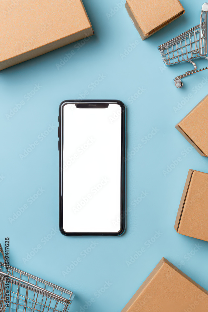 Poster digital age shopping: a high-angle shot showcases a smartphone centered against a blue backdrop, sur