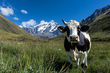 Black and white cow in a green, grassy field with mountains in the background, close-up of the face smiling at the camera, clear blue sky, vibrant colors, sunny day, natural lighting, high-resolution 