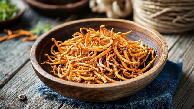 Cordyceps militaris in wooden bowl on rustic table. Healthy lifestyle.