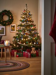 Cozy living room with decorated Christmas tree adorned with colorful lights, ornaments, and star topper surrounded by wrapped gifts and teddy bear on wooden floor