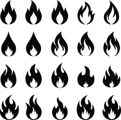 Collection of Twenty Different Fire Flame Icon Vector Illustrations in Black