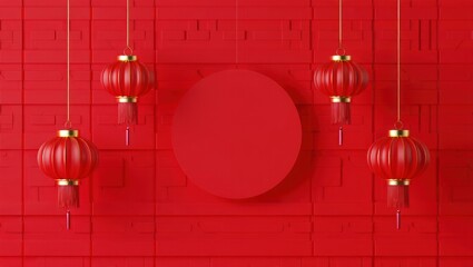 Symmetrical arrangement of five traditional red Chinese lanterns hanging against a red geometric patterned wall with a large red circular panel in the center, evoking festive and cultural warmth