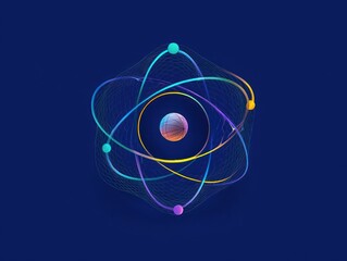 Colorful stylized atom model with orbiting electrons depicted by glowing spheres and smooth curved lines on dark blue background