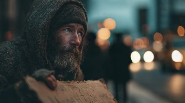 Homeless Man Seeking Help in Urban Environment with Soft City Lights in Background