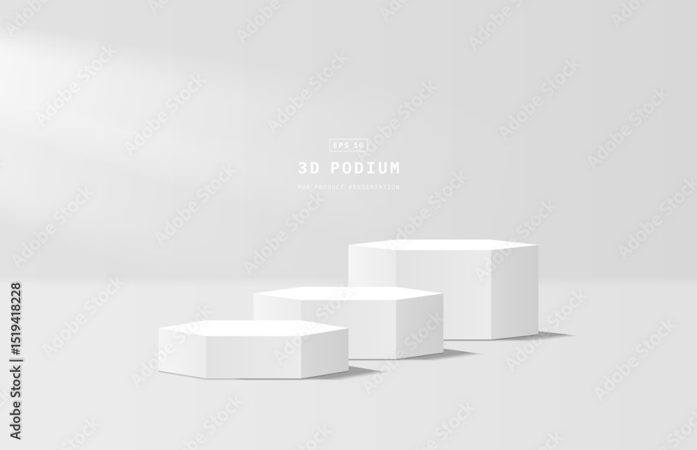 Poster realistic steps three white 3d hexagon podium in studio room with light shining from left side to pe