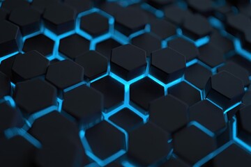 Close-up of dark hexagonal shapes with glowing blue edges creating a futuristic geometric pattern