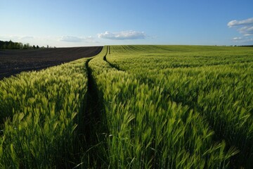 Expansive green wheat field with tractor tracks under a clear blue sky during late afternoon