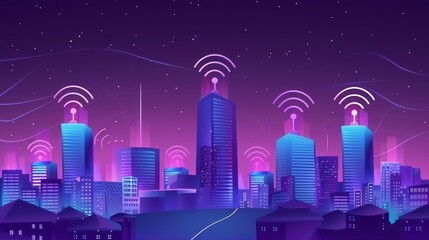 Night Cityscape Smart City Digital Art Neon Purple Wireless Network Technology Futuristic Urban Landscape Illustration Modern Building Design Highrise Towers Wireless Signals City at Night Vibrant    