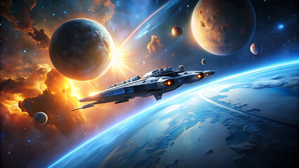 3D Spaceship Orbiting Glowing Planet with Stars and Nebulae in Cinematic Space Scene