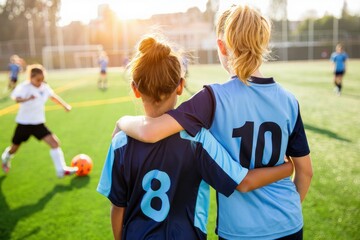 Obraz premium Two young soccer players in blue jerseys embrace with arms around each other on a sunlit soccer field during a game with other players in the background