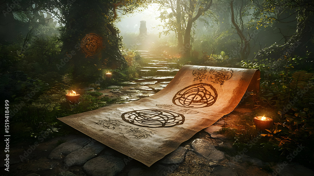 Poster ancient scroll in mystical forest pathway