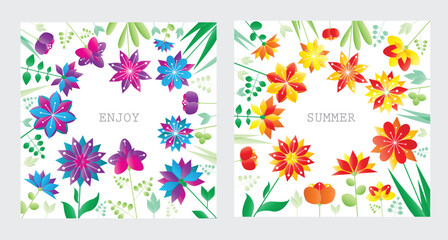 Colorful flower background. Vector colourful floral frame with abstract flowers and place for your text. Birthday greeting card, summer holliday or summer sale template.