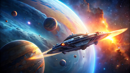 3D Spaceship Orbiting Glowing Planet with Stars and Nebulae in Cinematic Space Scene