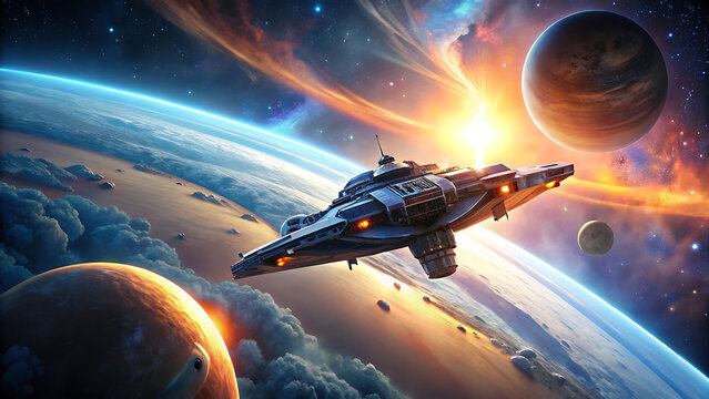 3D Spaceship Orbiting Glowing Planet with Stars and Nebulae in Cinematic Space Scene