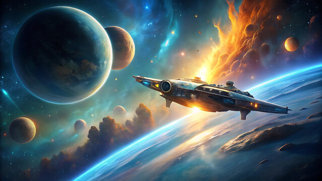 3D Spaceship Orbiting Glowing Planet with Stars and Nebulae in Cinematic Space Scene