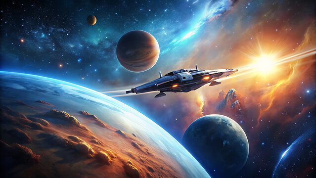 3D Spaceship Orbiting Glowing Planet with Stars and Nebulae in Cinematic Space Scene