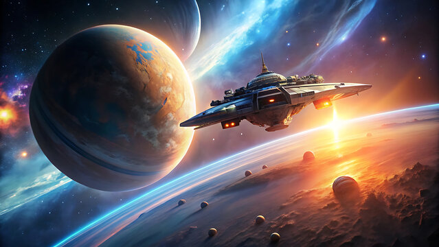 3D Spaceship Orbiting Glowing Planet with Stars and Nebulae in Cinematic Space Scene