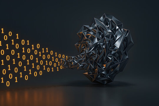 Digital binary stream emerging from a futuristic abstract polygon shape on a dark background representing data flow and information technology