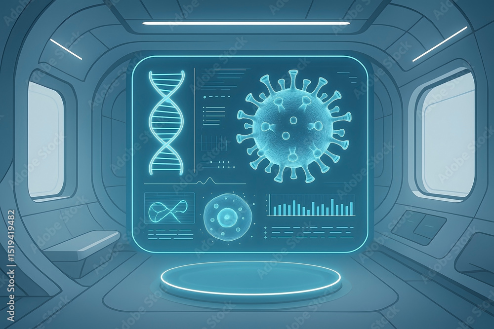 Poster futuristic medical laboratory displaying a coronavirus particle and dna double helix with analytical