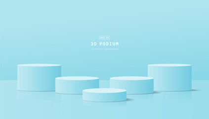 Empty clean studio room with five realistic blue 3d cylinder podium pedestal for product display stand. Minimal scene for cosmetic mockup. 3d vector geometric platform. 3d stage vector rendering.
