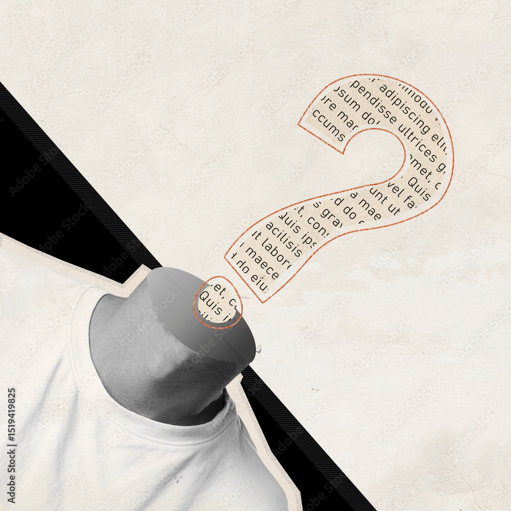 Poster conceptual representation of curiosity and questioning in modern art style with abstract elements