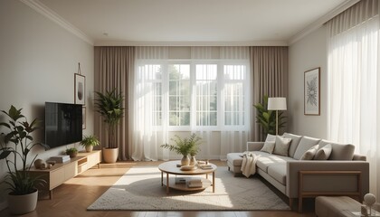 Fototapeta premium Scandinavian living room with sunlight through sheer curtains, soft textures, indoor plants, and wooden furniture