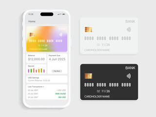 Obraz premium Online Banking App Interface Design – Mobile Wallet UI UX GUI Set with Credit Cards, Account Balance, Transaction History, and Financial Dashboard Vector Illustration