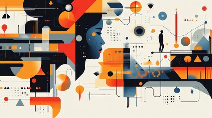 Obraz premium Abstract geometric composition featuring a woman's profile, a man walking on a path, and various shapes and lines, suggesting progress, innovation, and technology.