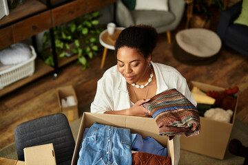 Creative woman joyfully exploring textiles in a vibrant crafting workshop filled with inspiration
