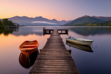 Obraz premium peaceful lake at sunrise with wooden pier extending into calm water, two small boats floating nearby, surrounded by mountains and soft pastel sky