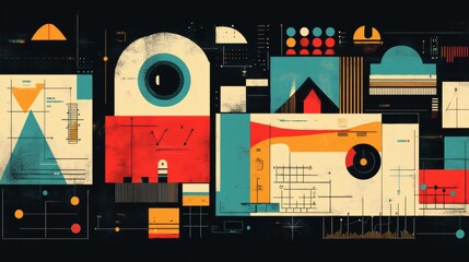 Abstract geometric composition featuring various charts, graphs, and data visualizations.